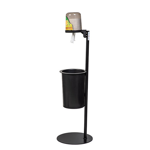 CitrusWirx disinfectant wipe dispenser on black freestanding stand left view